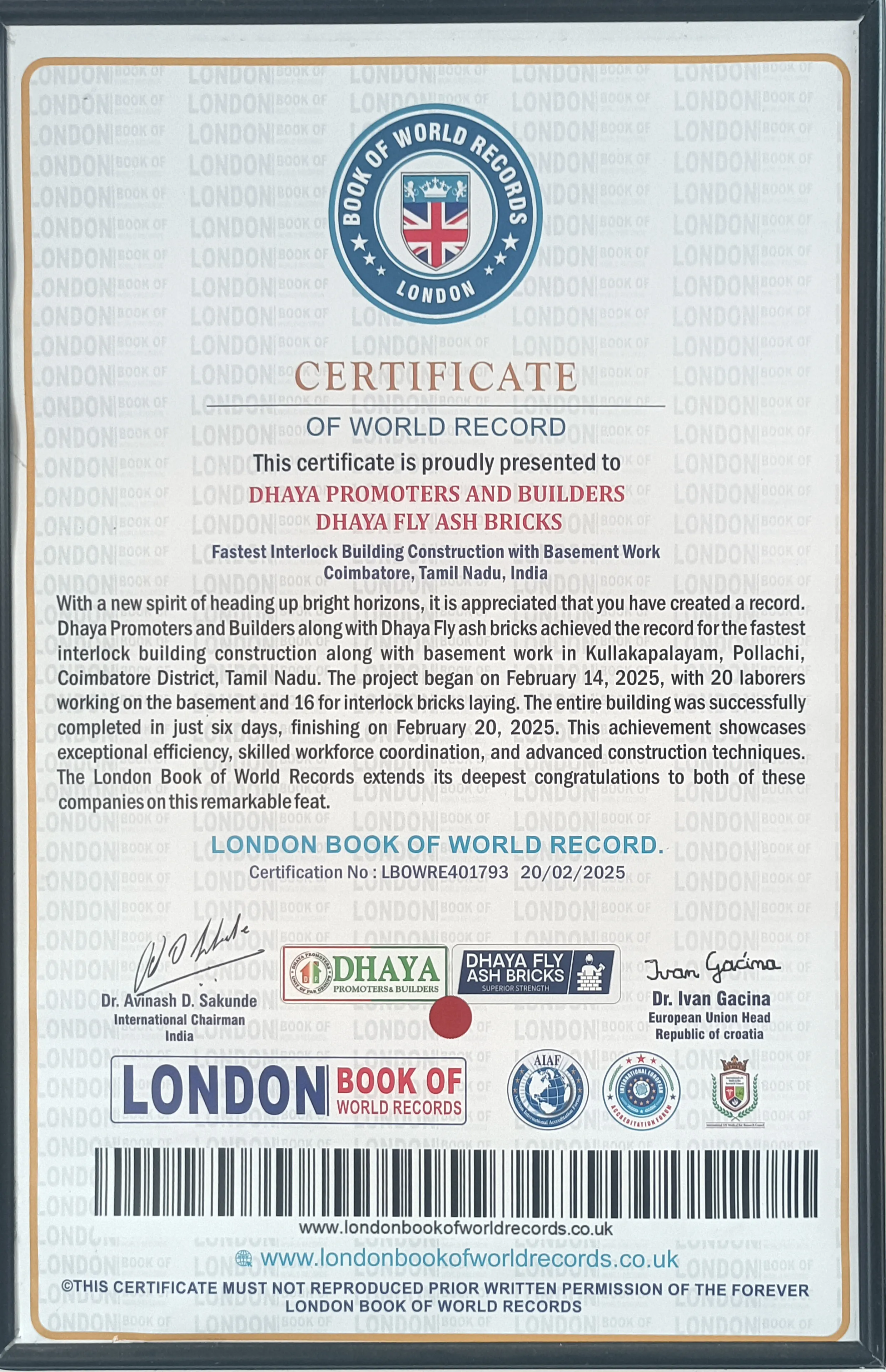 London Book of World Records certificate